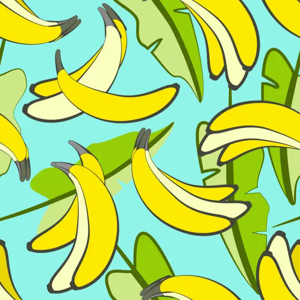 Vector illustration of Vector - Bananas with leaves seamless pattern.