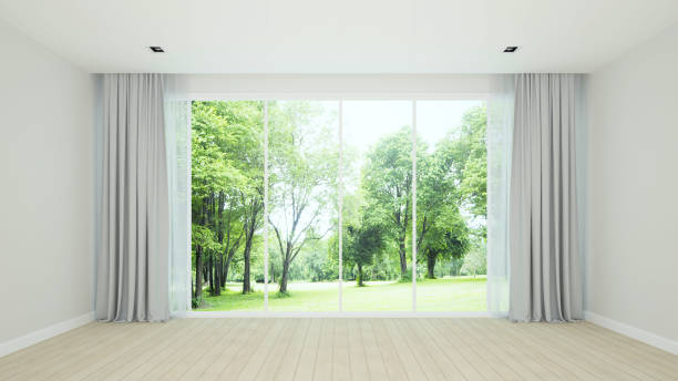 istock Empty room design for real estate brochure. Room design for hotel or home with forest view. 3D Illustration 1787512207