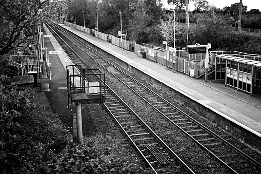 November 11th. 2023. A view of Whitlocks end station platform Solihull West Midlands England UK. Diesel powered railway line in the English countryside. Station on a bright day in Autumn.. There are no recognisable people in the picture.