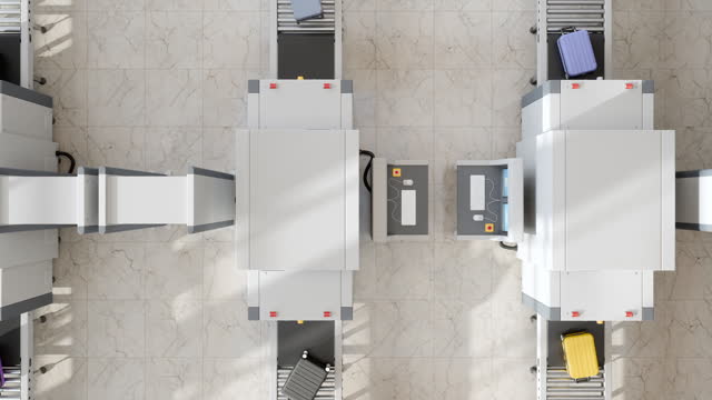 High Angle View Of Airport Security Checkpoint With X-Ray Scanners Scanning Luggages