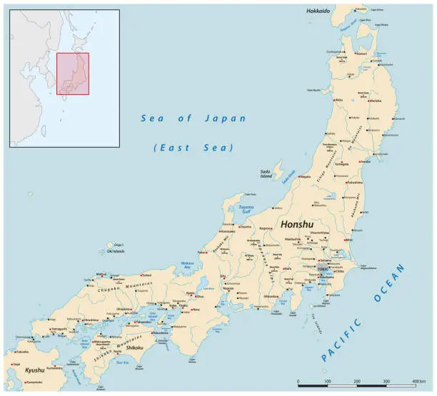 Vector illustration of Vector map of the Japanese main island of Honshu