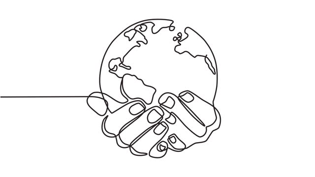 Animated video of a hand holding a globe in continuous line style