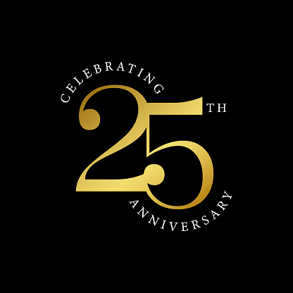Celebrating 25 years anniversary golden color logo, sticker, label, banner, poster, greeting card vector illustration. 25 Th anniversary celebration template on black background.