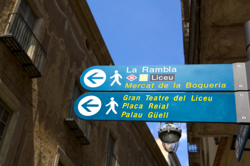 Sign indicating the Ramblas, the Liceu Theatre metro and Boqueria Market, Barcelona. Catalonia, Spain.