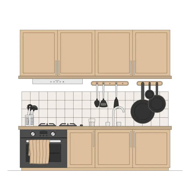 Vector illustration of Clean kitchen with black oven, cream tea towel,  wooden kitchen top, stove, tile backsplash wall, tap, faucet, hanging pans, cupboards, cabinets, kitchen and cooking utensils, and a glass