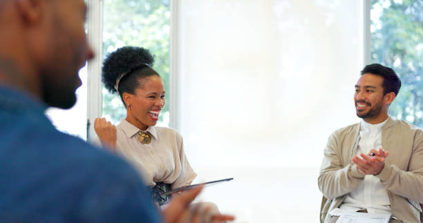 istock Business people, circle or clapping for success in meeting or workshop training for growth, target or goal. Smile, teamwork or applause for happy winner or black woman in celebration for achievement 1787541690