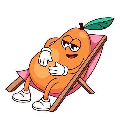 Groovy mango character sunbathing vector illustration. Cartoon isolated retro summer vacation sticker, tropical mango fruit mascot with arms and legs lying on beach chair to sunbathe and chill