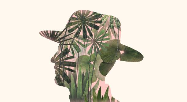 istock Palm leaf in a man face. concept art of summer, nature and mind. 1787561312