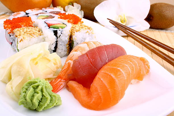istock Fish sushi with wasabi and chopsticks 178756226