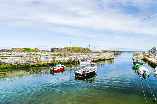 Boats moored at Ballintoy Old Harbour, Northern Ireland
