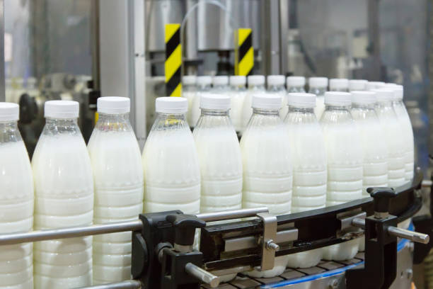 fabrik, die milch oder joghurt in plastikflaschen auf einer förderlinie herstellt. ausrüstung in der molkerei. füllen von milch. komplette milchabfüllanlage mit selektivem fokus - milk industry milk bottle factory stock-fotos und bilder