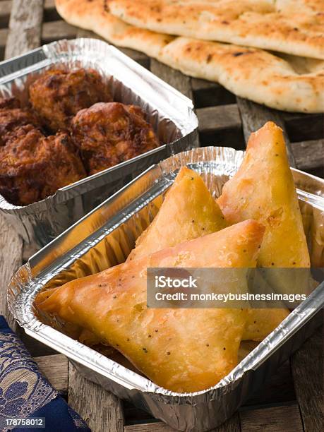 Indian Take Away Vegetable Samosa Naan Bread And Onion Bahji Stock Photo - Download Image Now