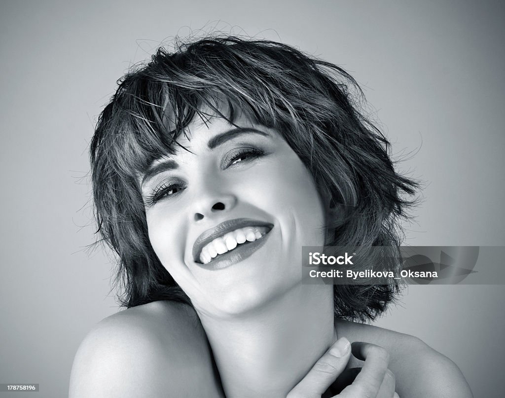 beautiful laughing woman Photo of beautiful laughing woman with short hair Black And White Stock Photo