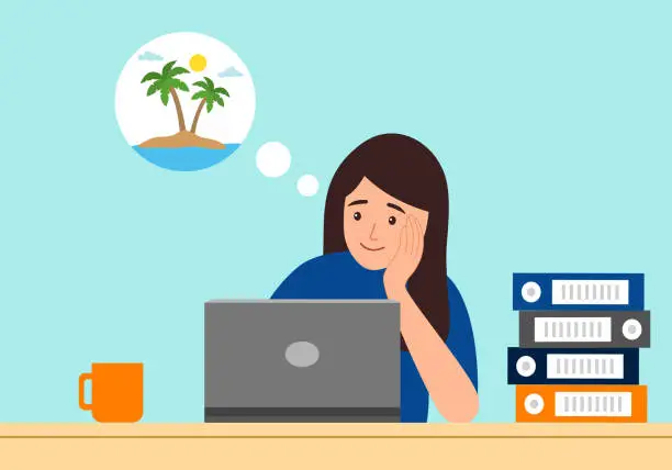 Vector illustration of Businesswoman dreaming about vacation on a tropical island with palm tree at office desk in flat design.