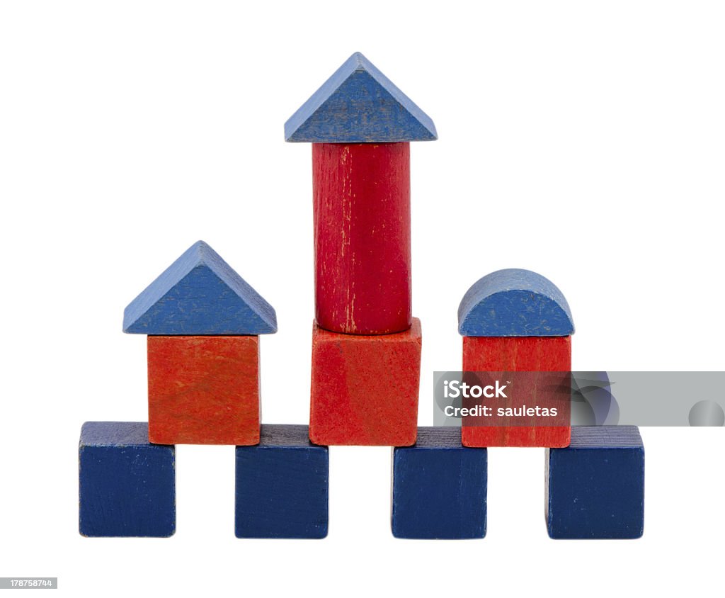 De brinquedo de madeira colorido bloco de construção de tijolos brancos - Foto de stock de Azul royalty-free