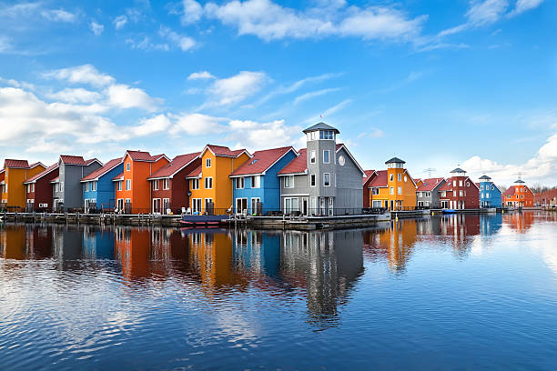 Reitdiephaven - colorful buildings on water stock photo