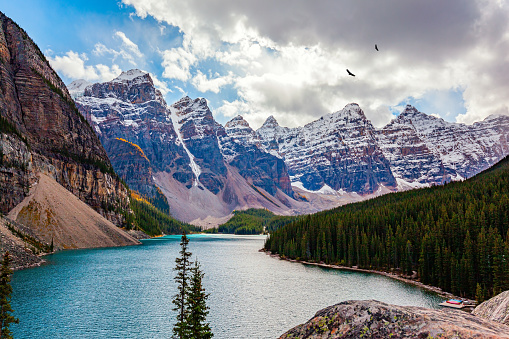 The most beautiful mountain lake Moraine. Canada. The lake water has a unique blue-azure color. The picturesque valley of the Ten Peaks