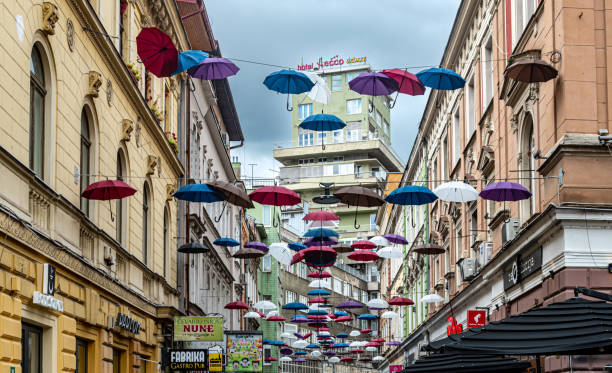 Umbrellas over Ferhadija Street: a beautiful way to celebrate autumn in Sarajevo stock photo