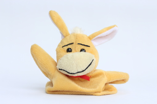 Soft hand puppet toy on a white background. Puppet show concept.