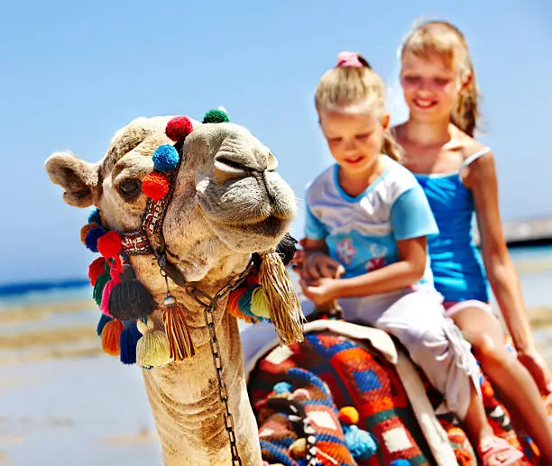 Photo of Two girls riding a tourist camel on a beach in Egypt