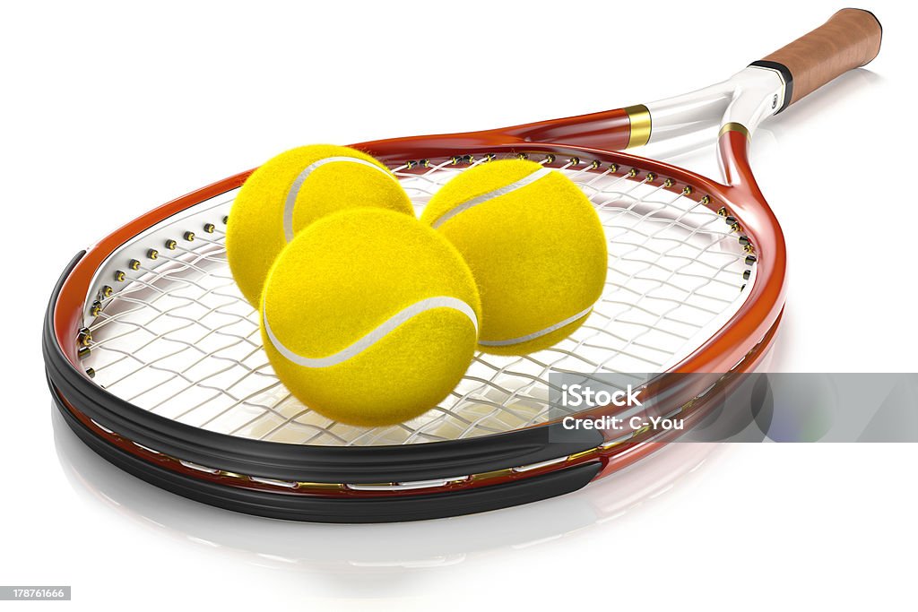 Tennis Racket with 3 Balls High detailed 3D tennis racket isolated on white reflective background with 3 tennis balls Cut Out Stock Photo