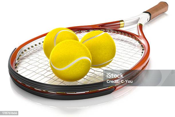 Tennis Racket With 3 Balls Stock Photo - Download Image Now - Cut Out, Horizontal, Photography