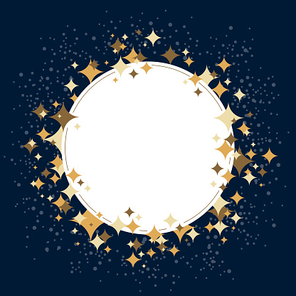 Round white frame embraced with gold stars and sparkling glitter on deep blue background.