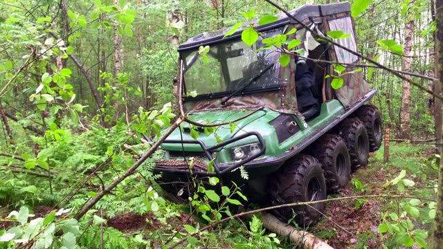 Vintage SUV makes its way through the trees in hard-to-reach places in the forest.