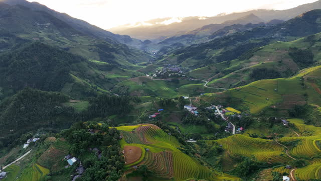 Drone shot of Rice terraces in Mu cang chai, Vietnam. Beautiful landscape in Vietnam.