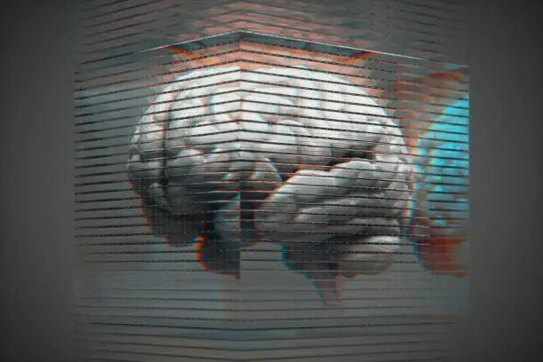 An artificial human brain inside a layered glass cube, like a processor.