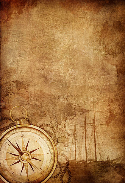 Compass Old Paper Texture with Retro Styled Compass, Ship and Rope. old compass stock pictures, royalty-free photos & images