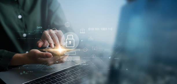 istock Cybersecurity privacy of data protection, businesswoman using smartphone and laptop Secure encryption technology, security Internet access, security encryption of user private data. 1787655505