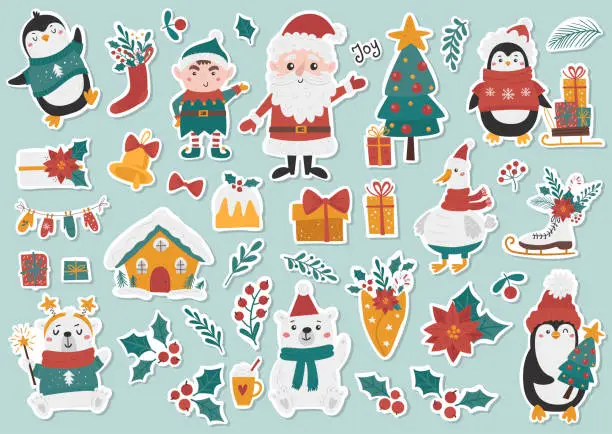 Vector illustration of Vector set of cute Christmas labels with penguins, bears, elf, santa claus and others.