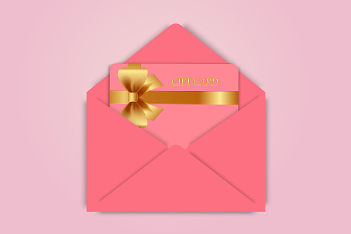 Gift card with a gold bow (ribbon) on a cute pink background. Template useful for design, shopping card, voucher or gift coupon. Vector illustration.