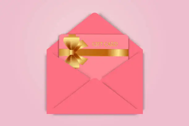 Vector illustration of Gift card with a gold bow .