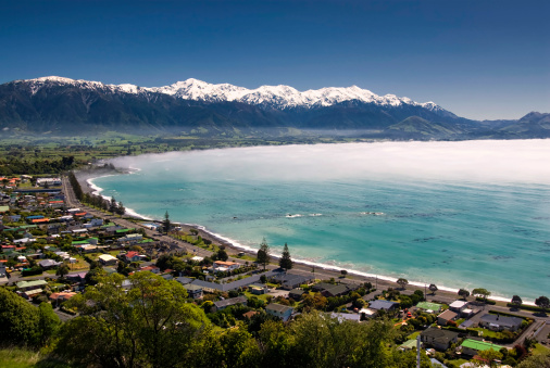 Kaikoura township with clearing sea fog. South Island,New Zealand