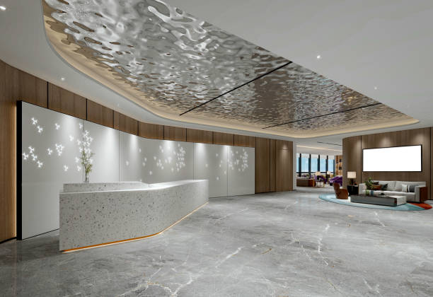 istock luxury office building entrance lobby reception hall, 3d rendering 1787662619