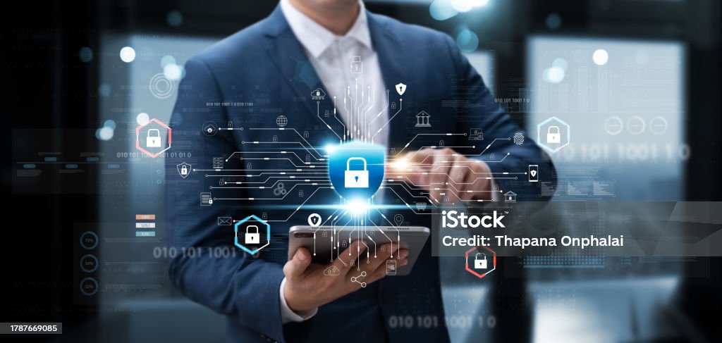 Tablet Encryption Cybersecurity And Data Protection Businessman Use Secure Tablet ...