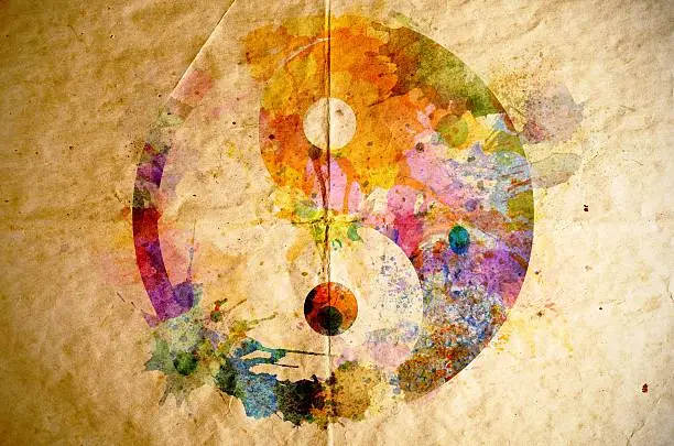 Watercolor yin yang symbol on old paper background