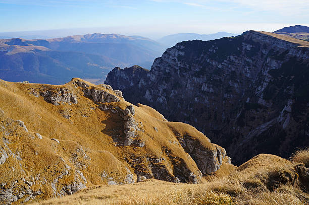 Panoramic view from Bucegi Mountains in Romania stock photo