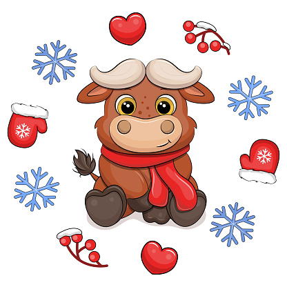 Christmas vector illustration of an animal with hearts, mittens, berries, snowflakes on a white background.