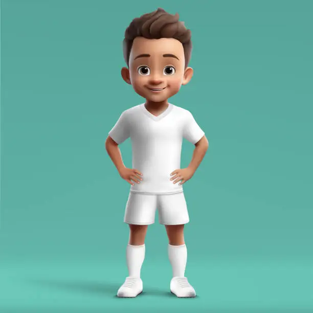 Vector illustration of 3d cartoon cute young soccer player in blank white kit.