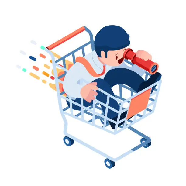 Vector illustration of Isometric Businessman with Telescope in Shopping Cart