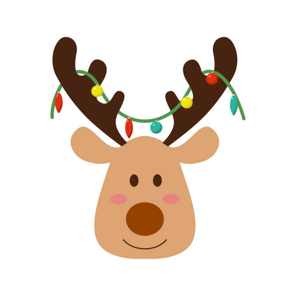 istock Set of cute reindeer heads isolated on a white background. Funny Simple flat vector illustration Christmas reindeer in hat and garland with light bulbs 1787689778