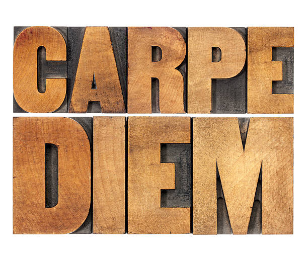 Carpe Diem  - enjoy life before it is too late, existential cautionary Latin phrase by Horace - isolated text in vintage letterpress wood type printing blocks, scaled to rectangle