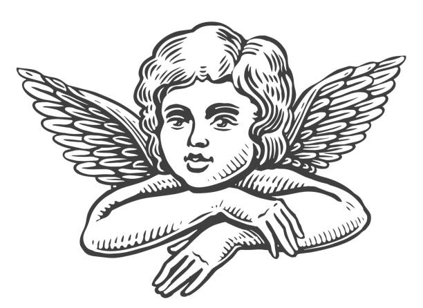 Little angel, vintage engraving style. Cute baby with wings, black and white vector illustration Little angel, vintage engraving style. Cute baby with wings, black and white vector illustration winged cherub stock illustrations