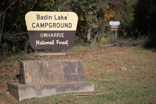 New London, North Carolina - October 27, 2023: Entrance sign for Badin Lake Campground in Uwharrie National Forest near New London, North Carolina