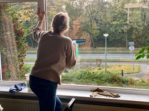 Woman is busy with Window cleaning in the living room