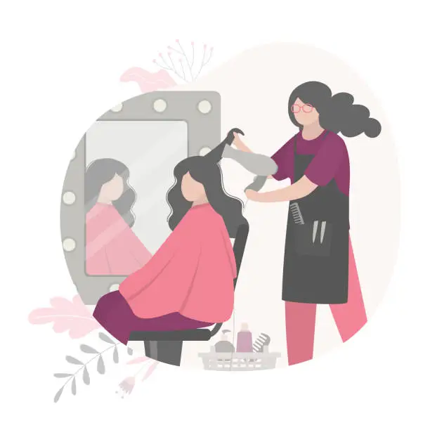 Vector illustration of Young woman visiting beauty salon. Hairdresser master doing haircut for girl cutting hair in front of mirror. Recreation in grooming place, barbershop, beauty studio