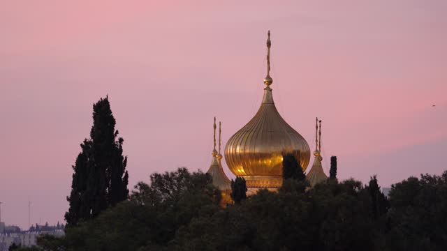 Golden Dome of the Church of Mary Magdalene Against Pink Sunset In Jerusalem, Israel